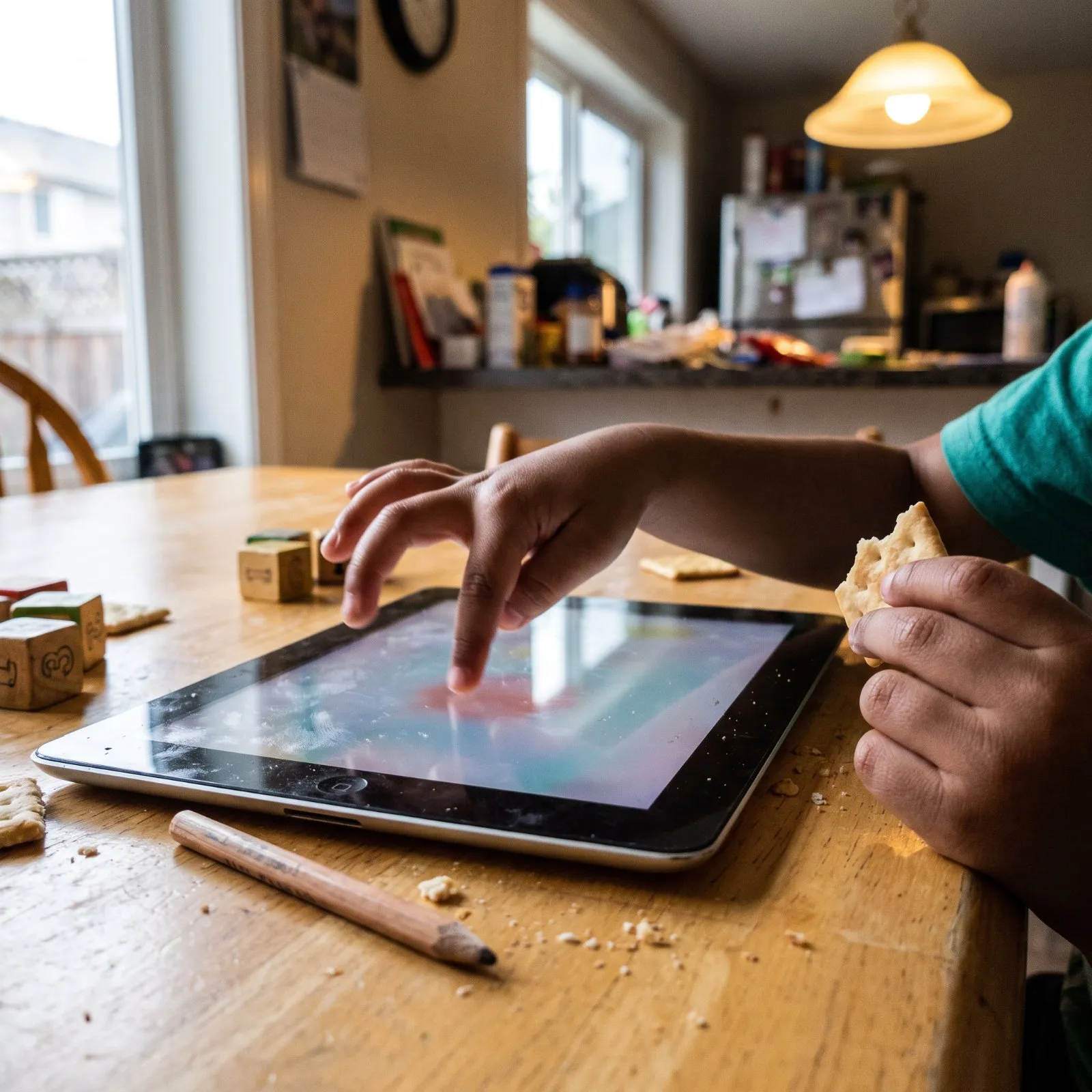A child’s hand tapping an iPad at a kitchen table