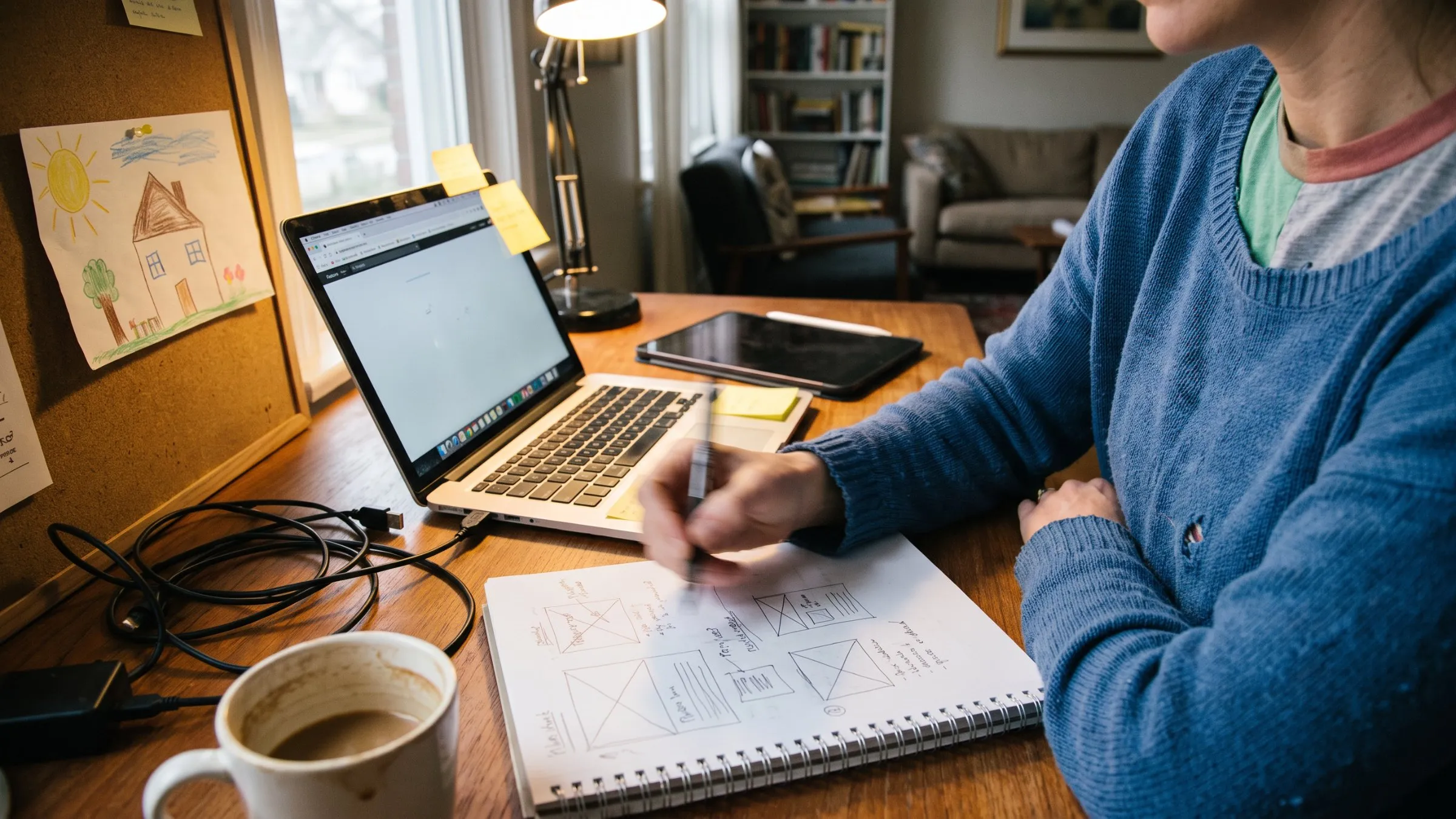 A work desk with a laptop, wireframe sketches and a child’s drawing pinned to the wall